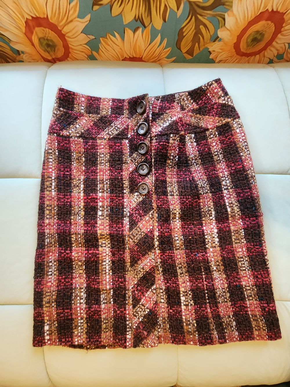 LOFT Plaid Tweed Skirt in Pink, Brown & Cream